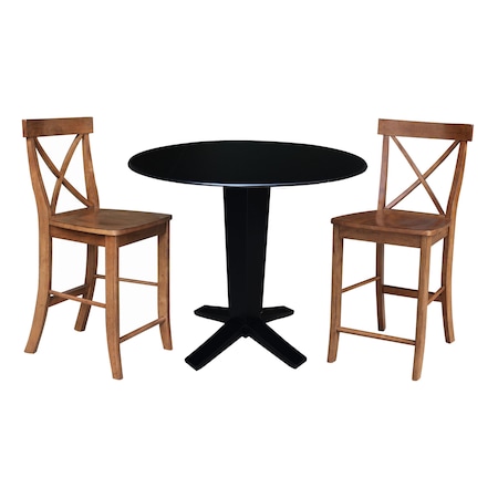 International Concepts 42 in. Solid Wood Dual Drop Leaf Dining Table with 2 Counter Height Stools in Black/Distressed Oak K46-42DPT-23S4261322